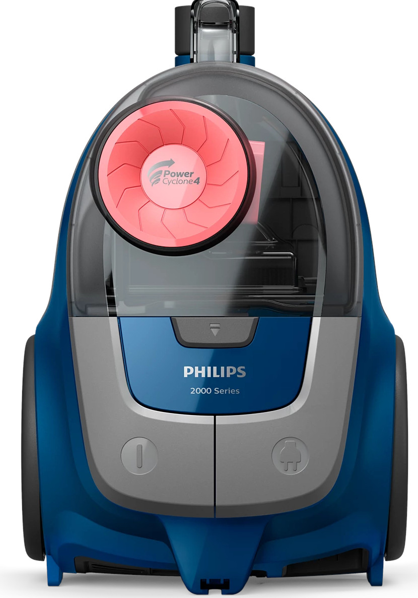 Niebieski i szary odkurzacz Philips z widocznym PowerCyclone 4.