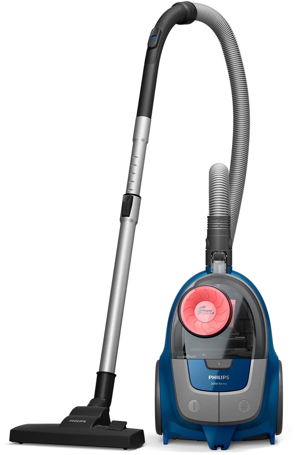 Niebieski i szary odkurzacz Philips z długą srebrną rurą i czarnym uchwytem. Tło jest białe.