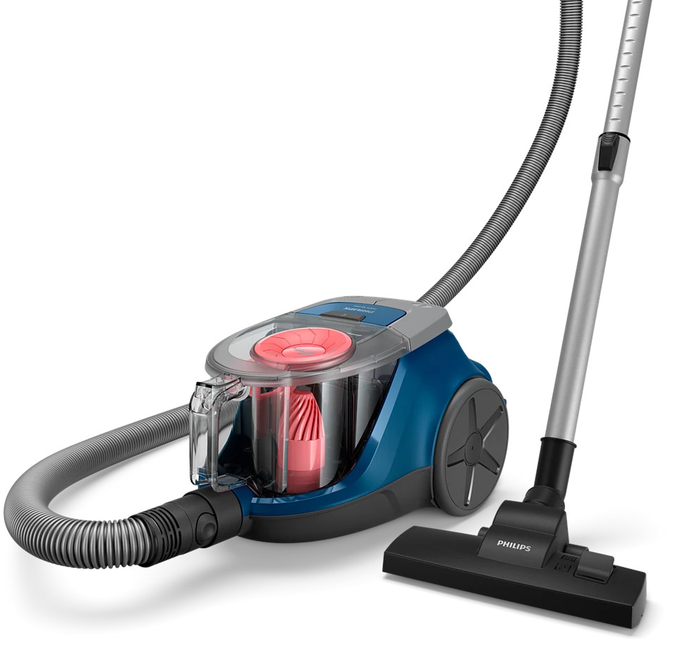 Niebiesko-szary odkurzacz z przezroczystym pojemnikiem na kurz i czarną głowicą na białym tle.