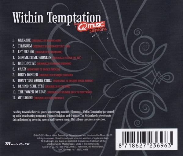 CD-tok hátlapja a számlistával, logókkal és szöveggel. A Within Temptation számára.