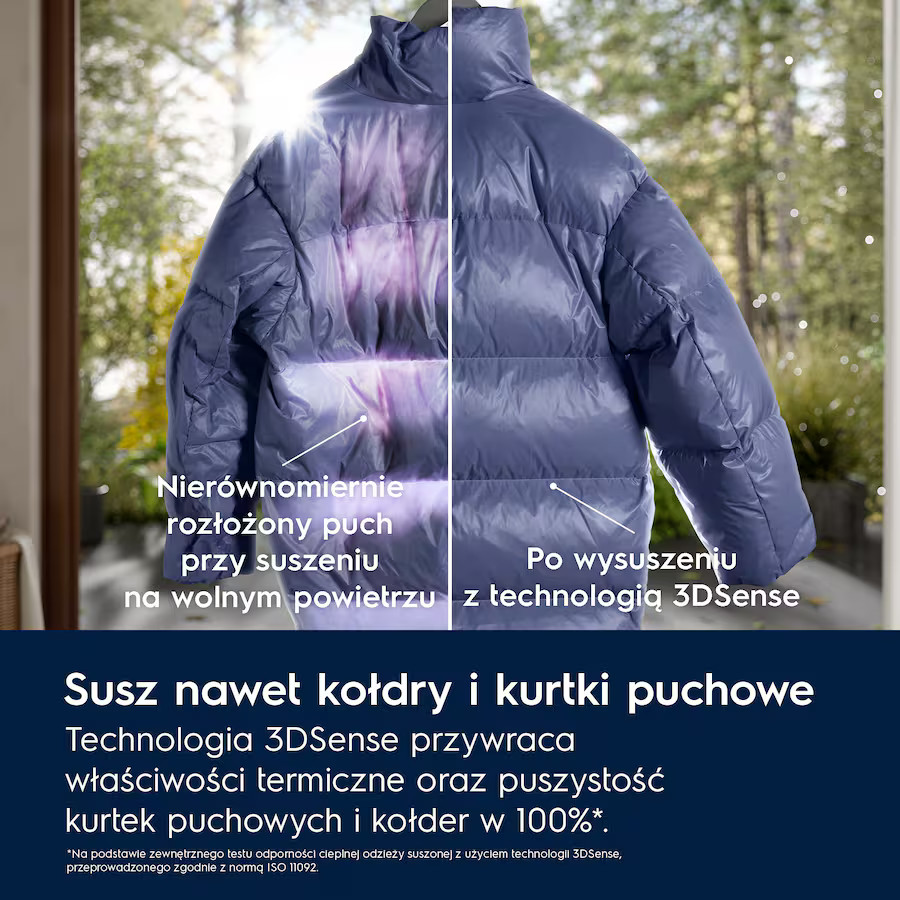 Podzielony ekran z niebieską kurtką puchową, przed i po wysuszeniu, z tekstem.