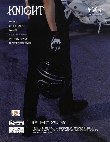 Albumcover für 'Knight'. Ein Mann in Schwarz hält einen Helm, Motorrad im Hintergrund.