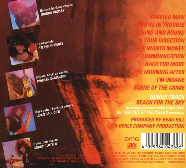 Die Rückseite eines Ratt-Albums mit Bandmitgliedern und Titelliste.