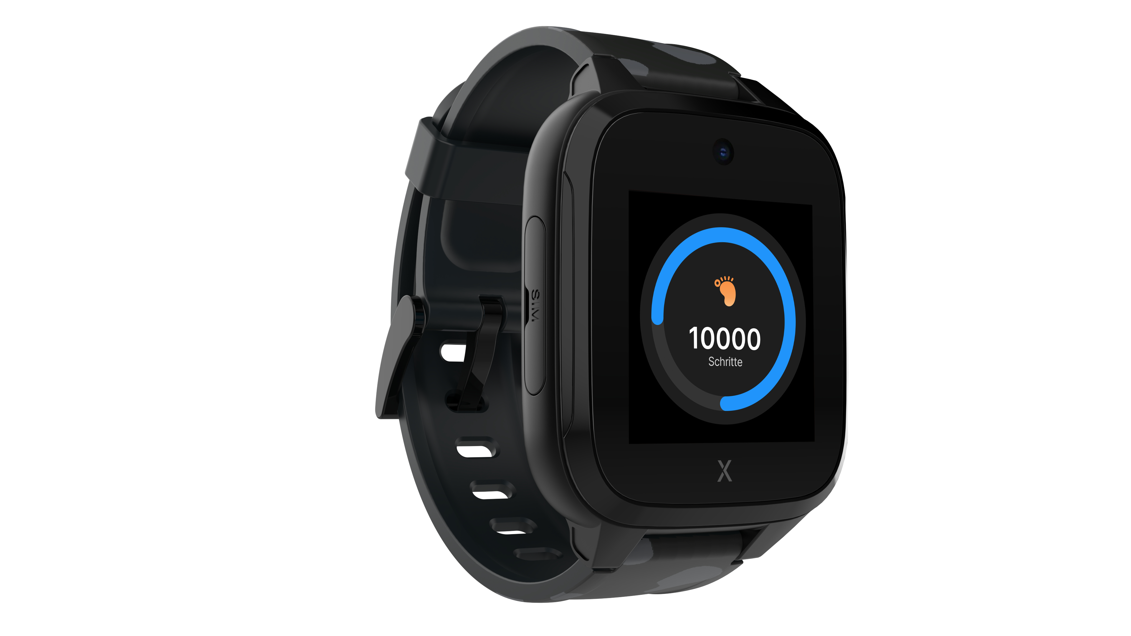 Schwarze Smartwatch mit Anzeige von 10000 Schritten. Schwarzes Armband und Seitentaste.