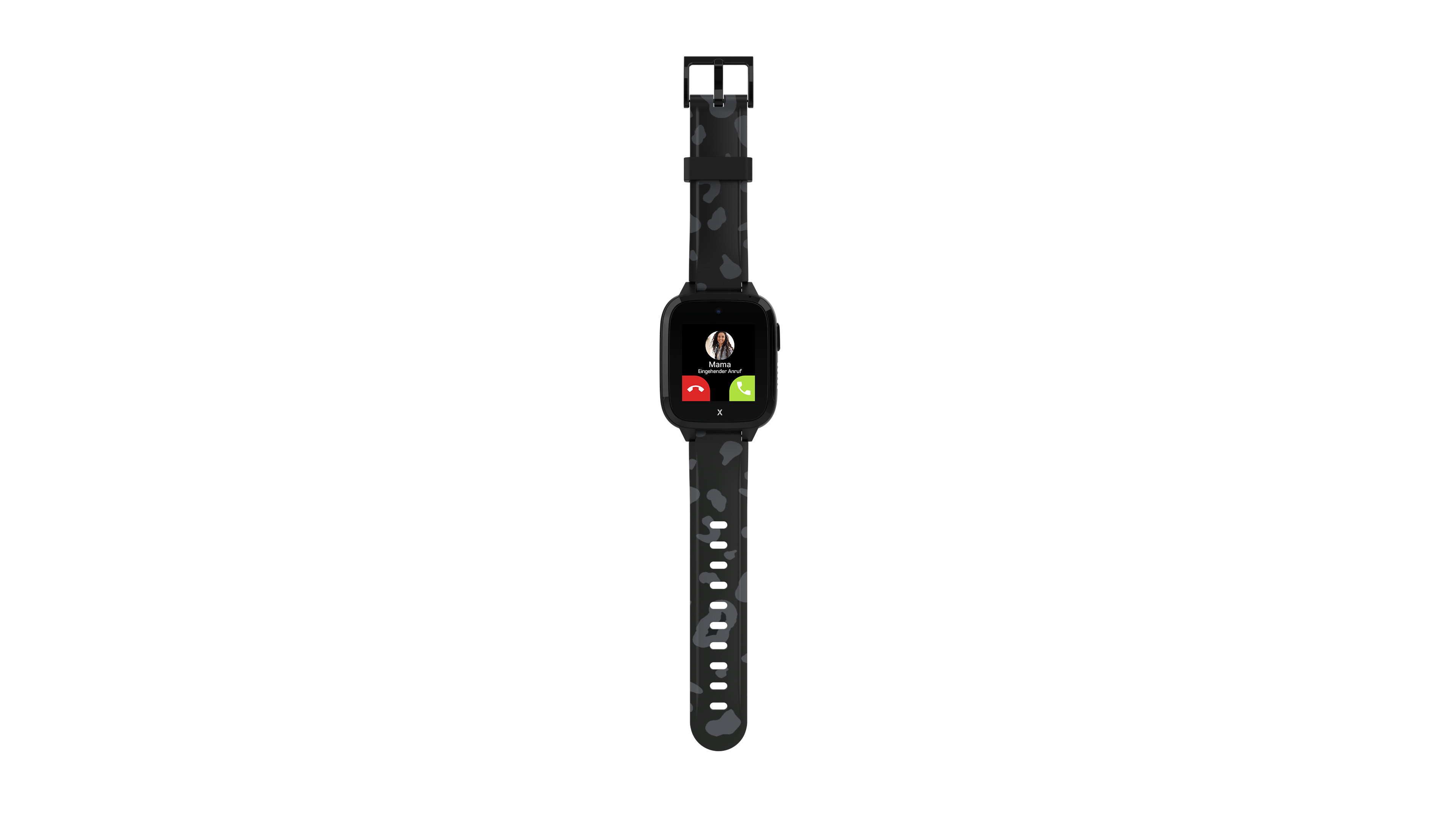 Schwarze Smartwatch mit Camo-Armband, Anrufbildschirm sichtbar. Weißer Hintergrund.