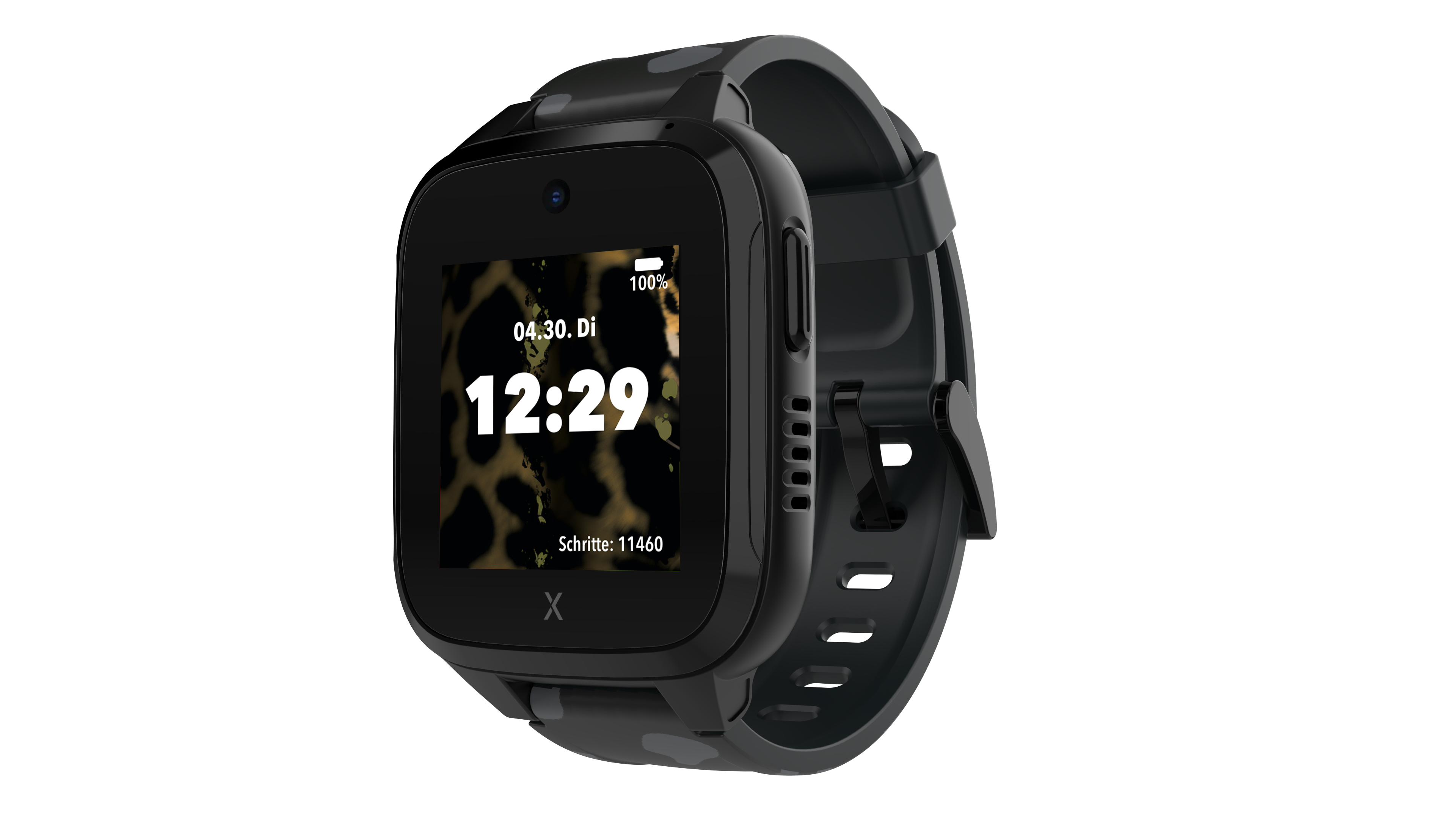 Schwarze Smartwatch mit Zeitanzeige und Schritten auf weißem Hintergrund.