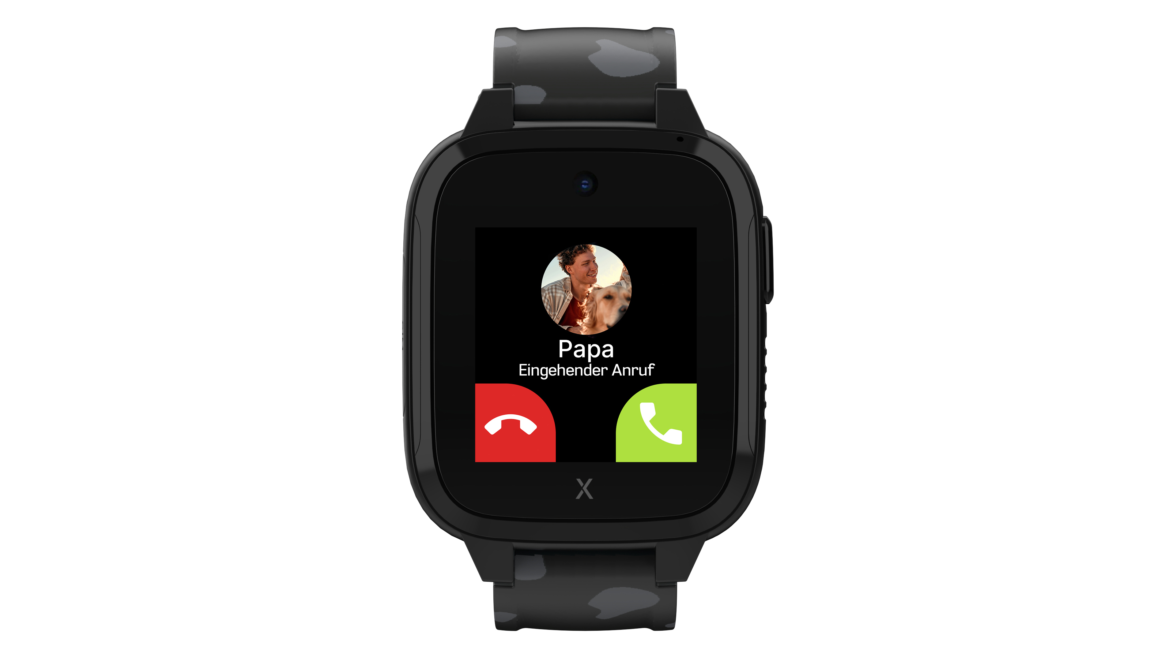 Smartwatch zeigt einen eingehenden Anruf von 'Papa', mit Foto und Annehmen/Ablehnen-Buttons.