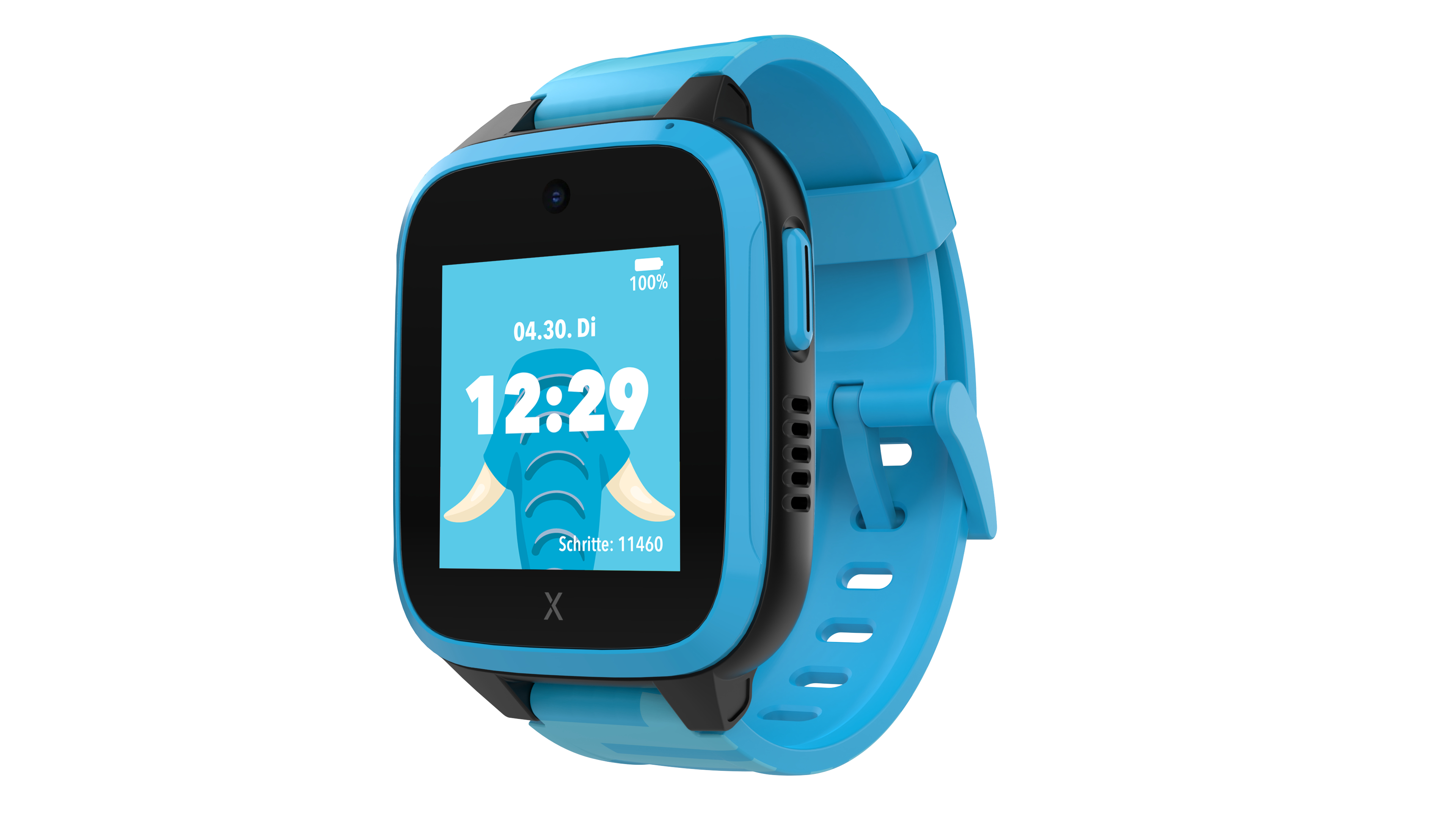 Blaue Smartwatch mit Zeit und Elefanten-Gesicht.