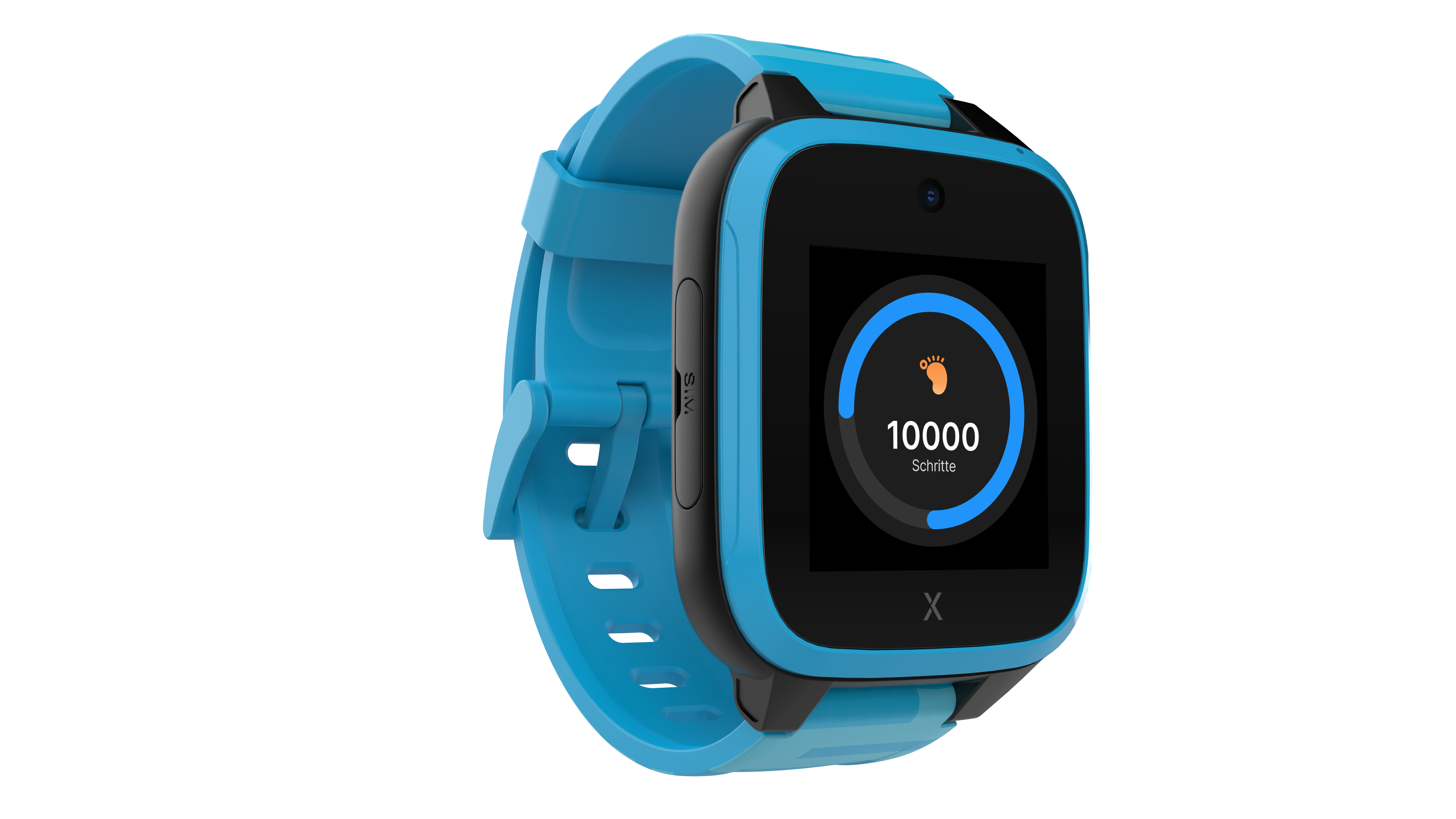 Eine blaue Smartwatch mit schwarzem Bildschirm zeigt 10000 Schritte. Ein blaues Armband hält die Uhr.