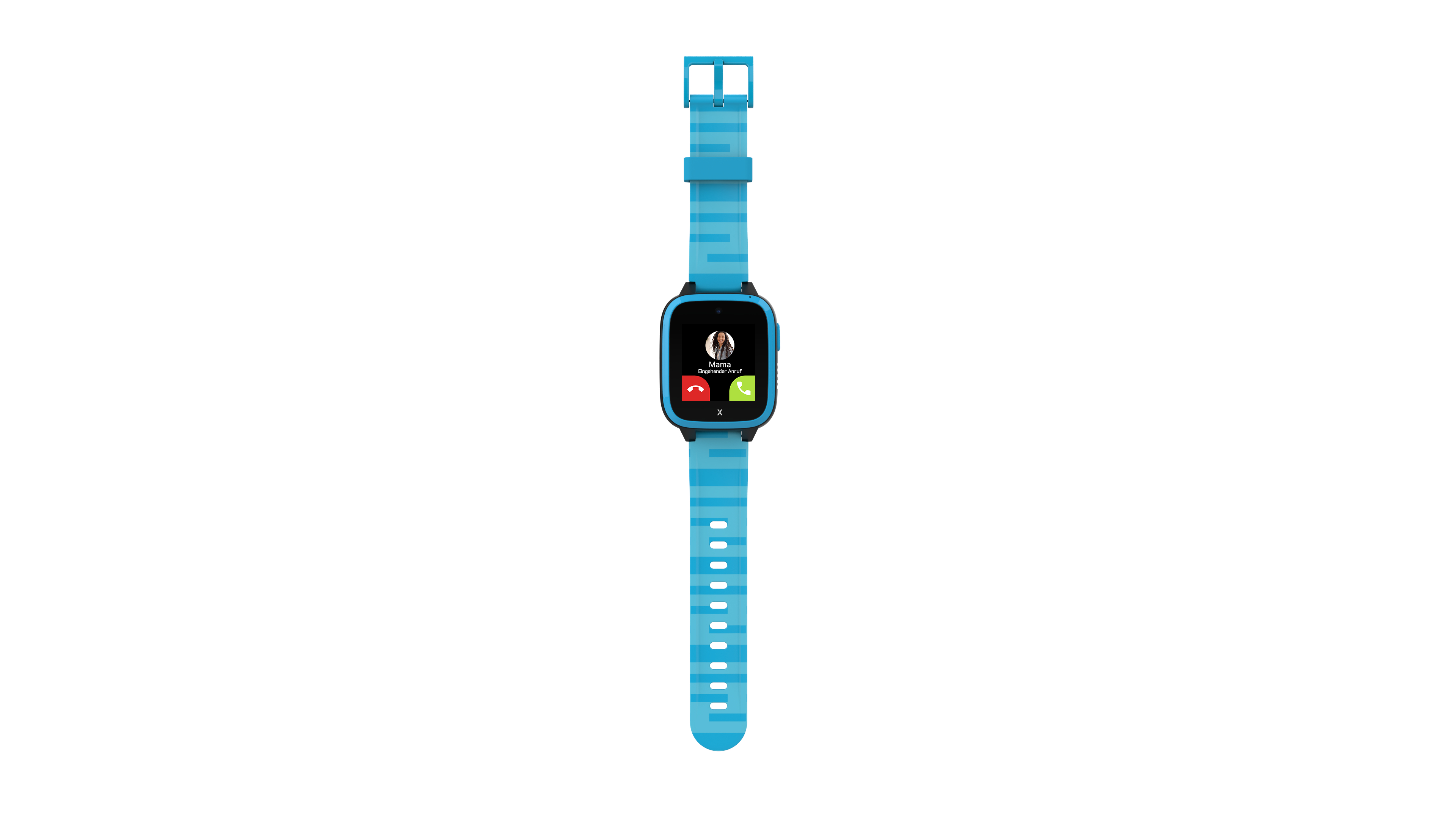 Eine blaue Smartwatch mit blauem Armband. Der Bildschirm zeigt eine eingehende Anruf-Oberfläche.