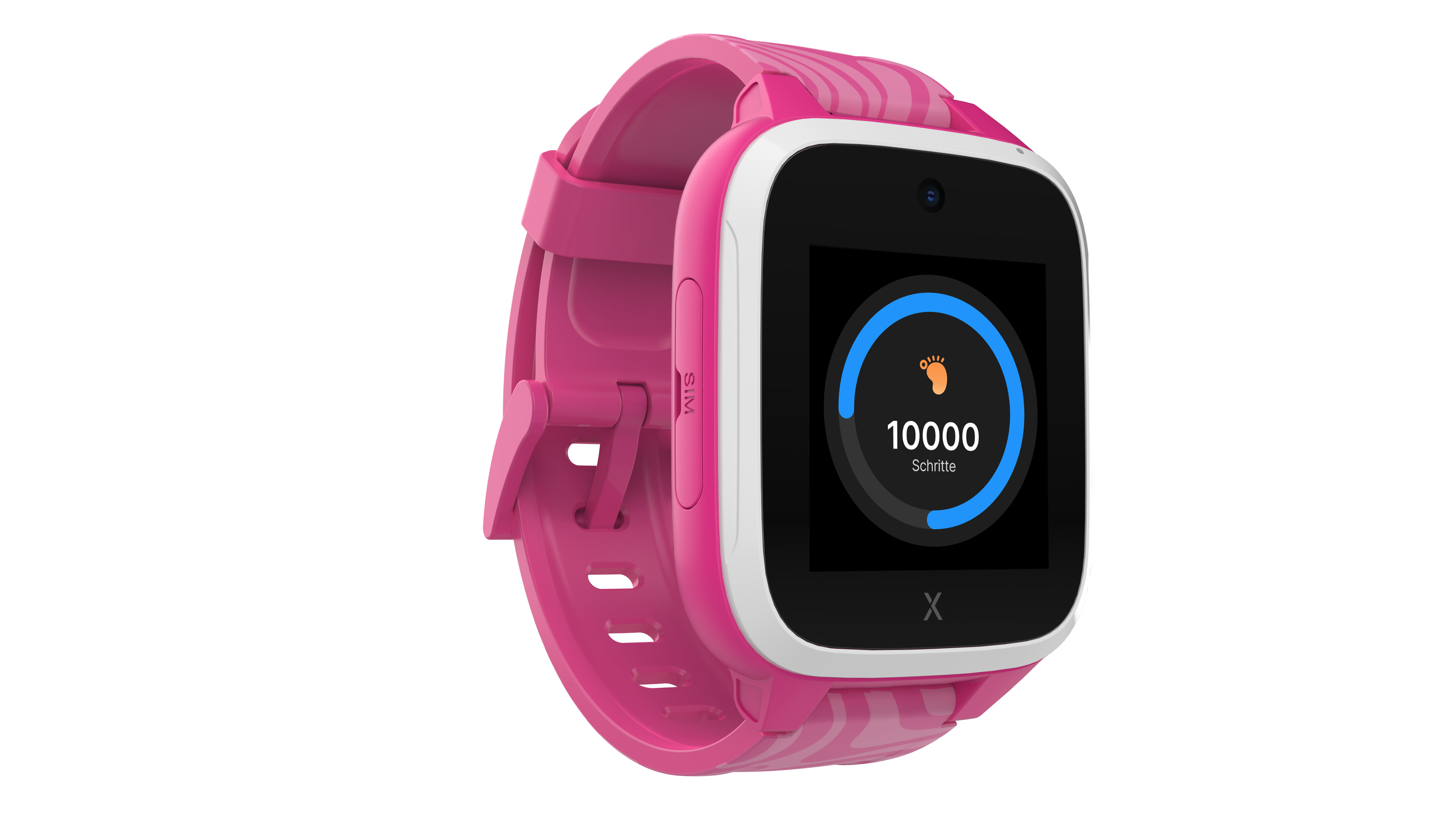 Schwarzes Smartwatch-Seitenprofil, mit Armband und Zifferblatt sichtbar.