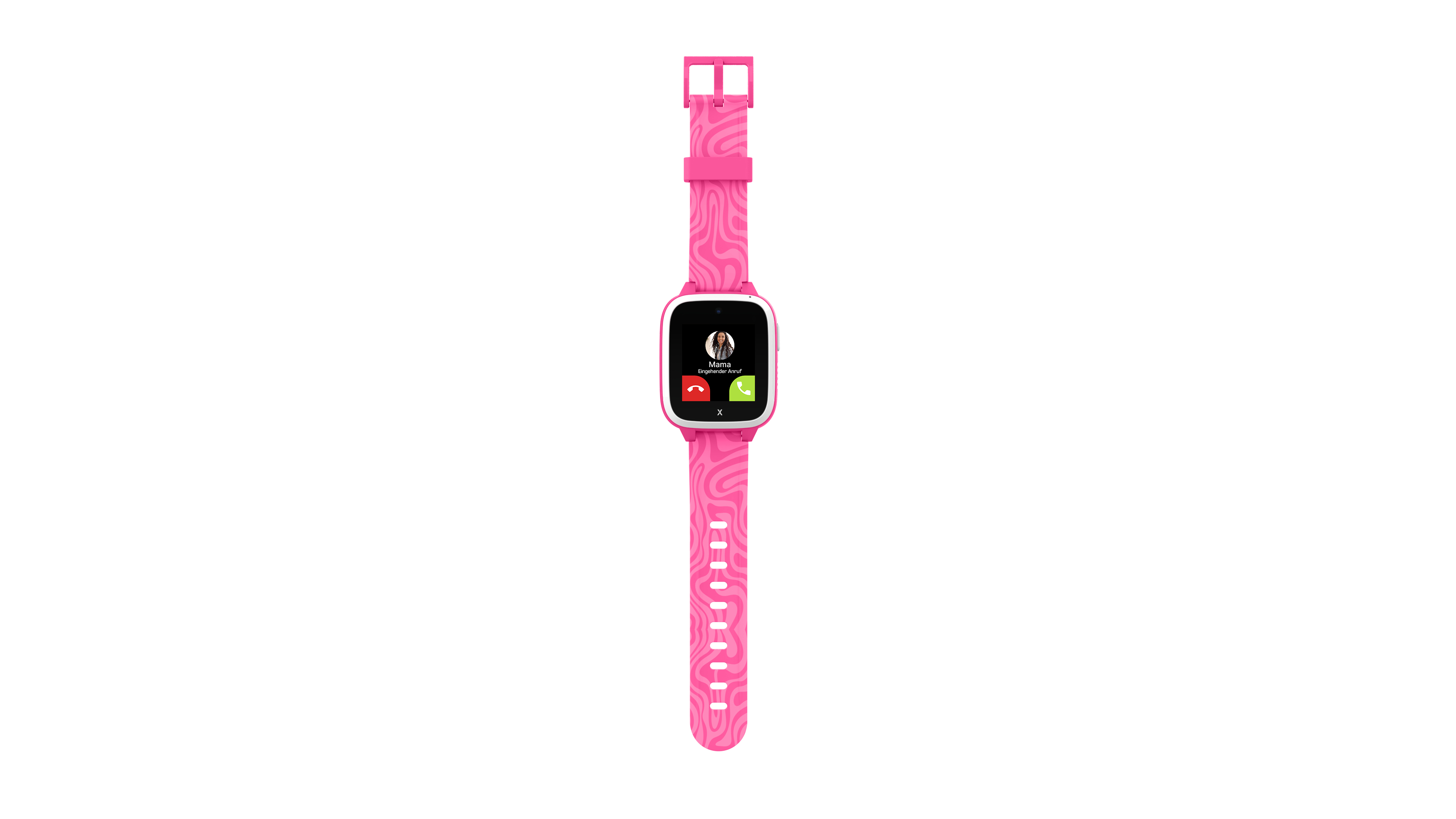 Eine pinkfarbene Smartwatch mit gemustertem Armband wird auf weißer Oberfläche gezeigt. Die Uhr zeigt einen Anruf.