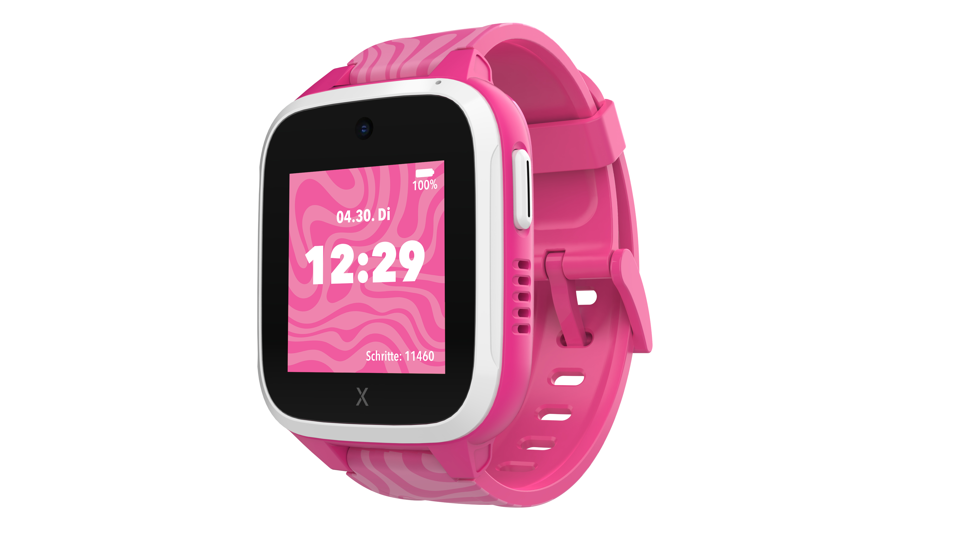 Rosa Smartwatch mit rosa-weiß gestreiftem Armband, weißem Rahmen und schwarzem Bildschirm.