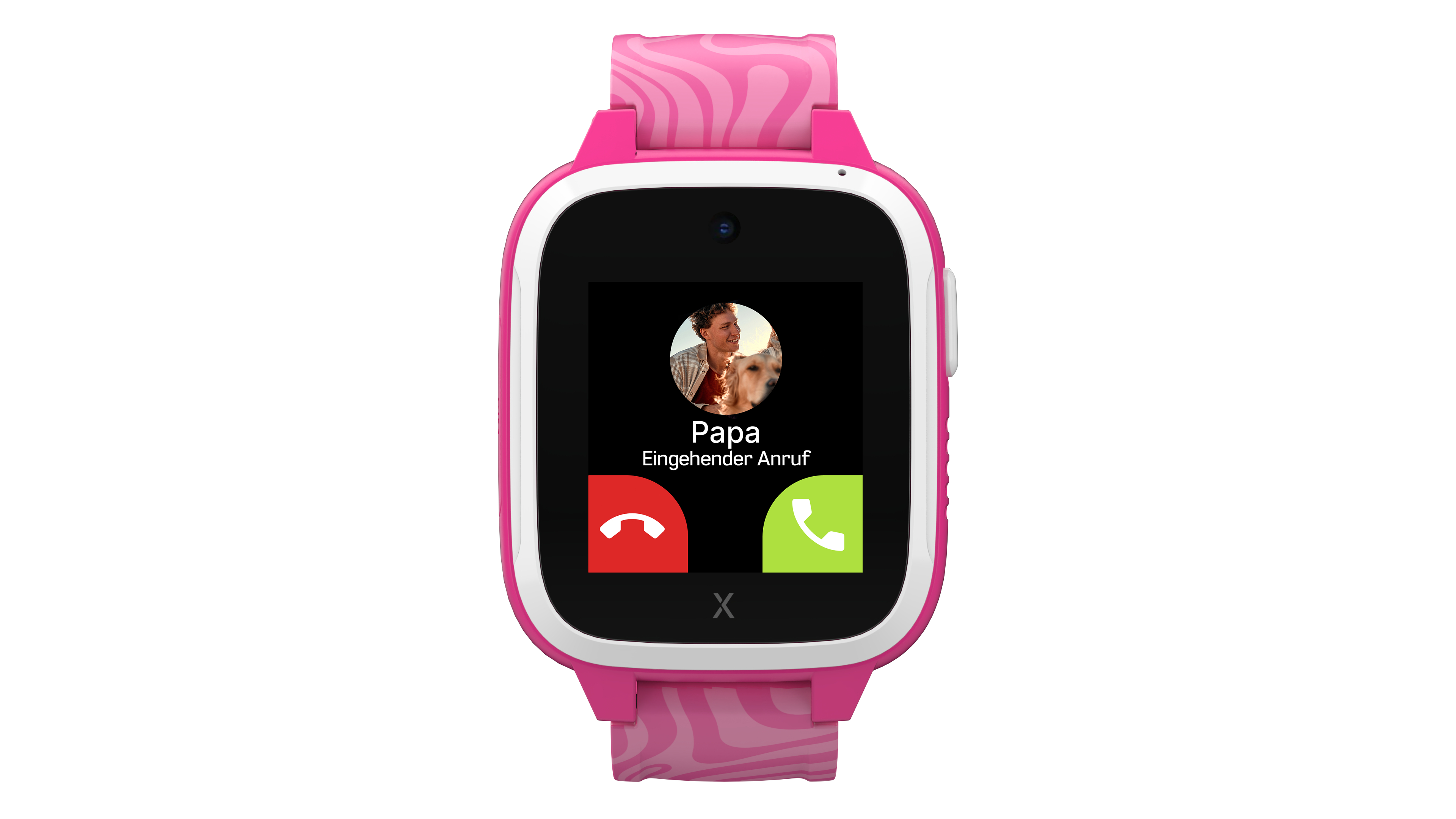 Rosa Smartwatch zeigt einen eingehenden Anruf von 'Papa'. Der Bildschirm hat eine rote Ablehnungs- und eine grüne Anruftaste.