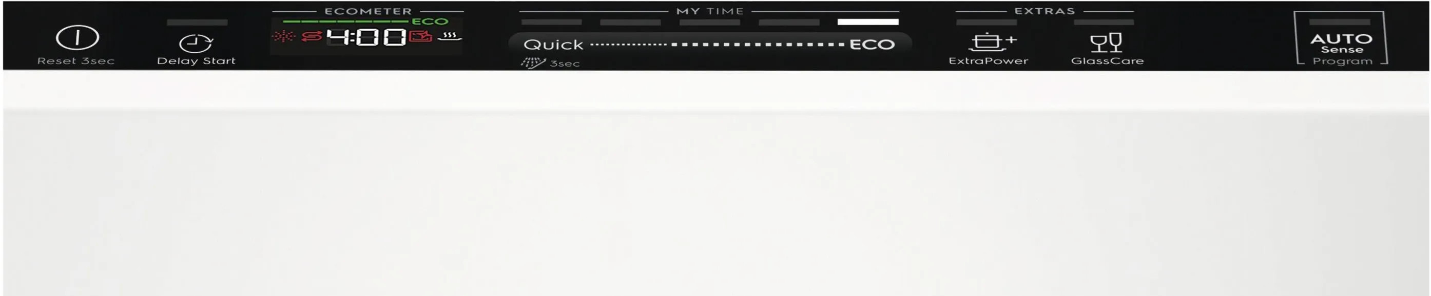Biały panel sterowania zmywarki z wyświetlaczem cyfrowym i przyciskami.