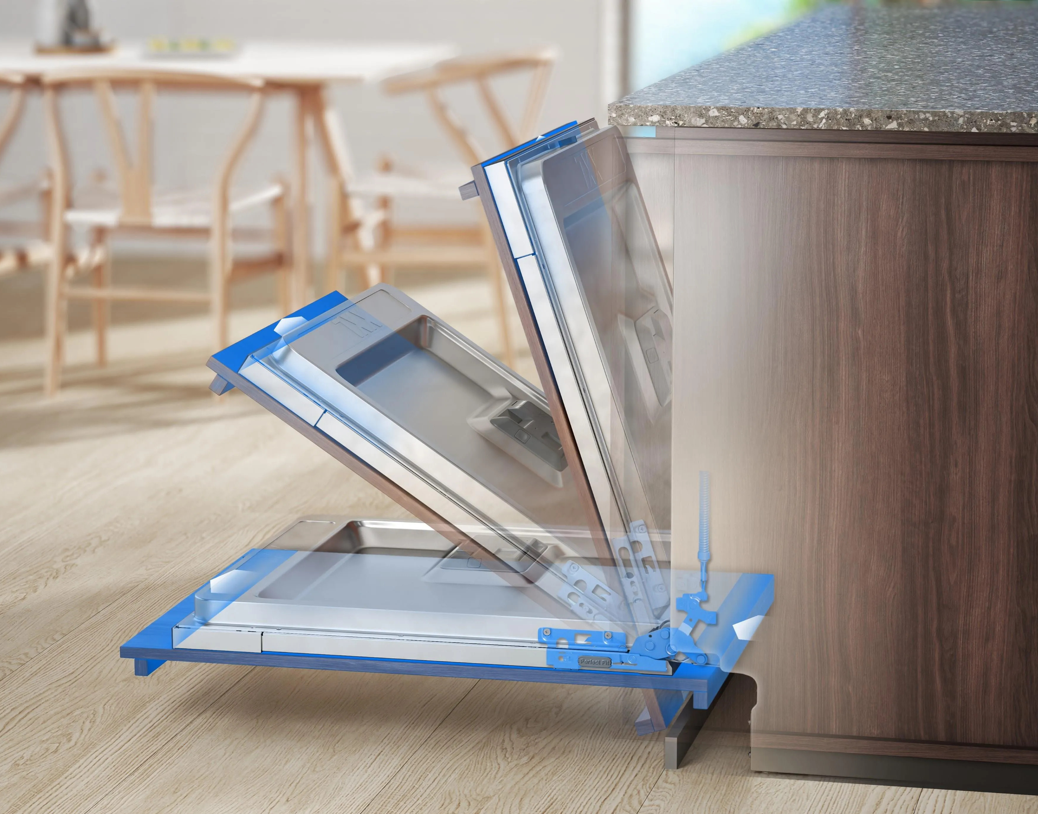 Zmywarka wyciągana z szafki. Urządzenie jest głównie niebieskie i srebrne.