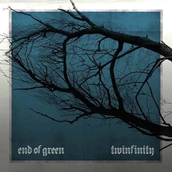 Albumcover mit Ast auf türkisblauem Hintergrund. Titel: end of green, twinfinity.