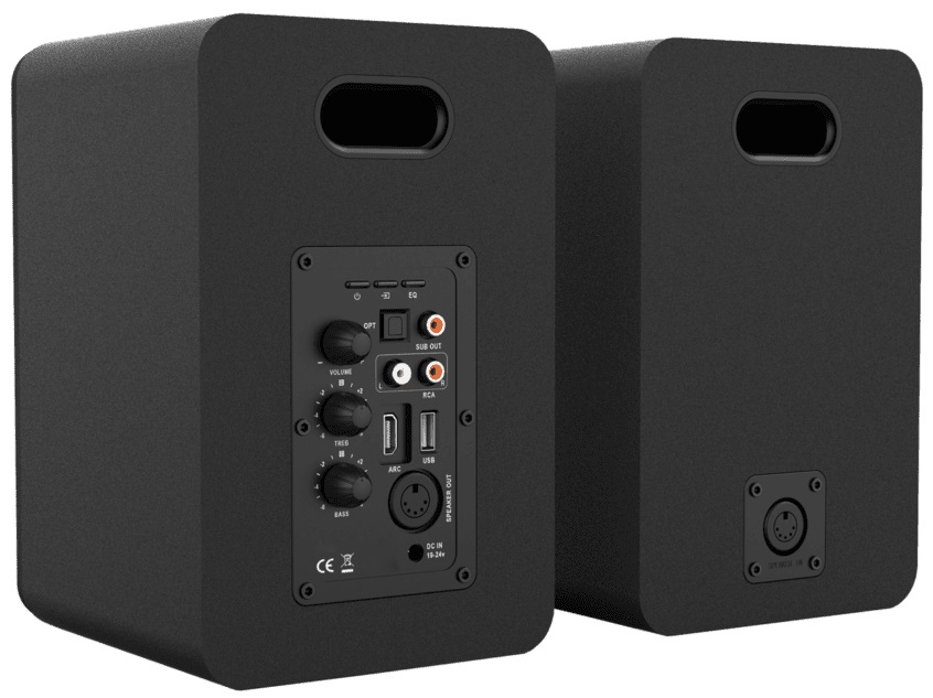 Dwa czarne głośniki, widok z tyłu, z wyraźnie widocznymi portami i kontrolkami.