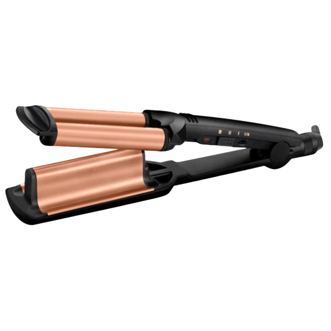 Bakır renkli plakaları ve siyah sapı olan saç dalgalandırıcı, siyah bir yüzeyde duruyor.