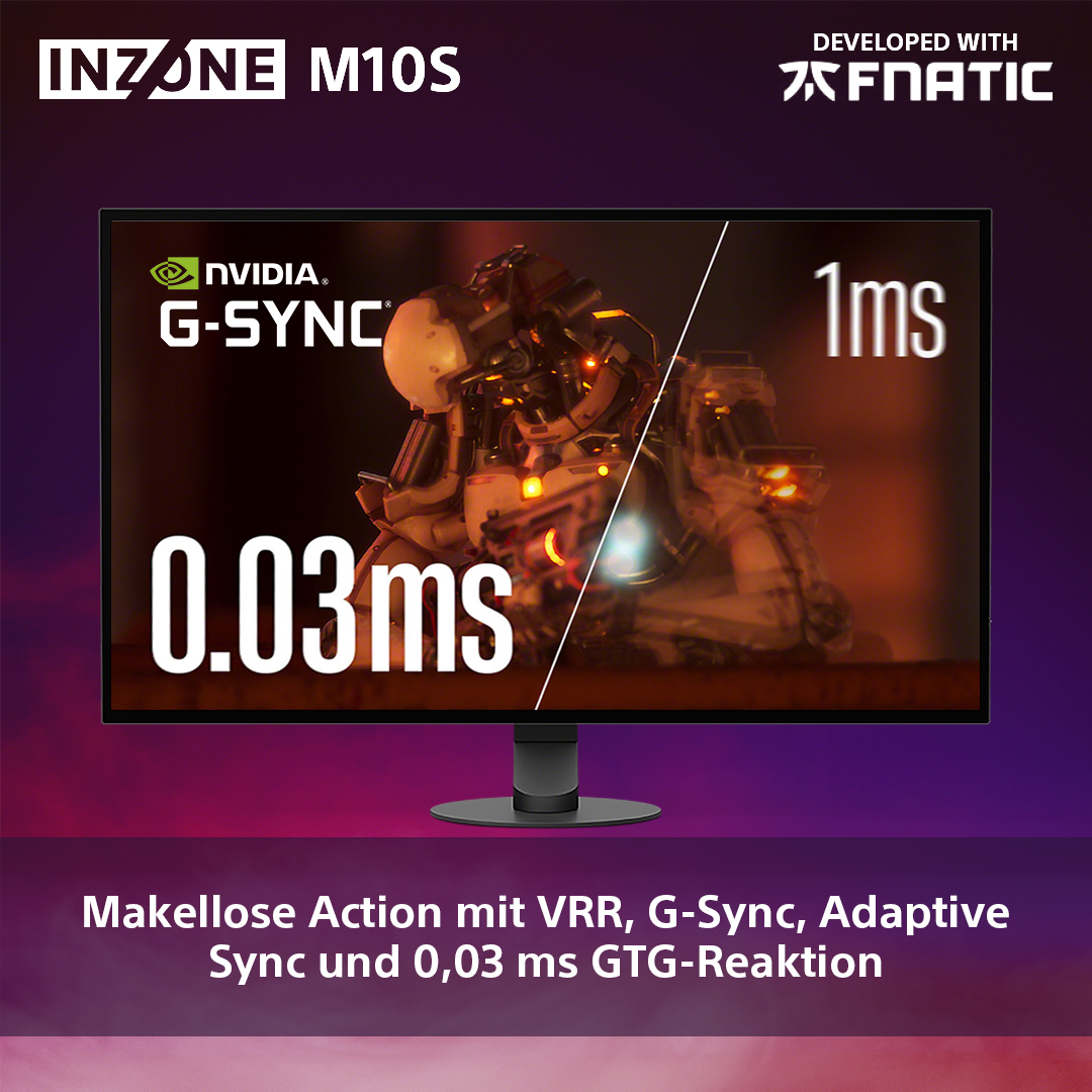 Ein Computermonitor zeigt eine Spielszene. Text zeigt 0,03 ms und 1 ms Reaktionszeiten an.