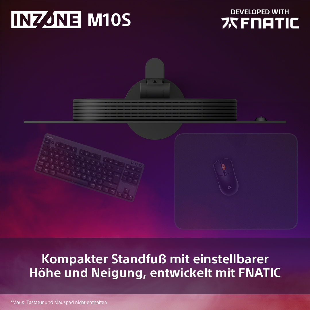 Draufsicht auf ein Gaming-Setup mit Monitor, Tastatur, Maus und Mauspad. Lila und rosa Hintergrund.