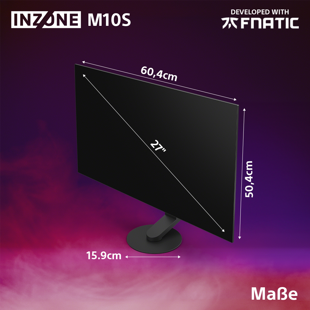 Schwarzer Monitor mit Maßen, auf einem Ständer. Er hat das INZONE M10S Logo.