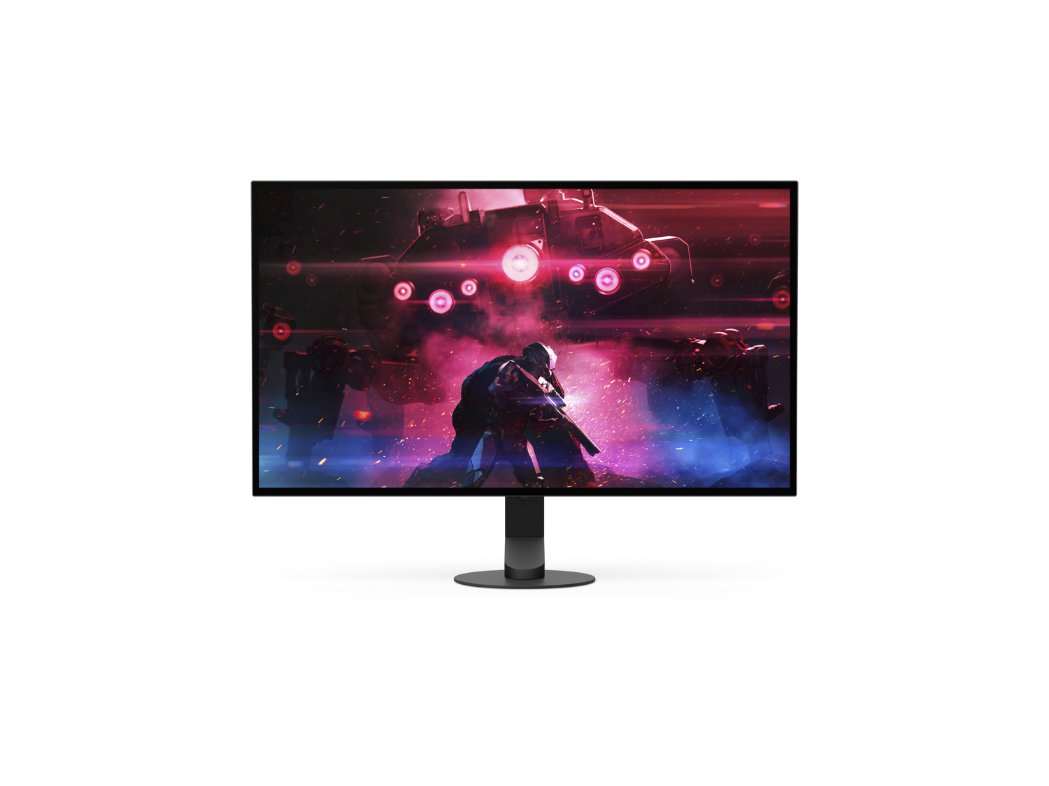 Computermonitor mit futuristischer Szene. Eine Figur mit einer Waffe steht im Zentrum. Rote und blaue Farben.