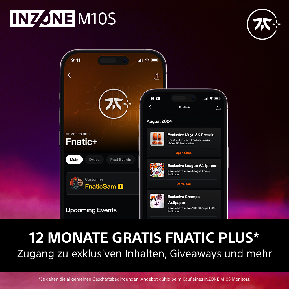 Zwei Telefone mit Apps. Text: 12 Monate kostenlos Fanatic Plus, Zugang zu exklusiven Inhalten.