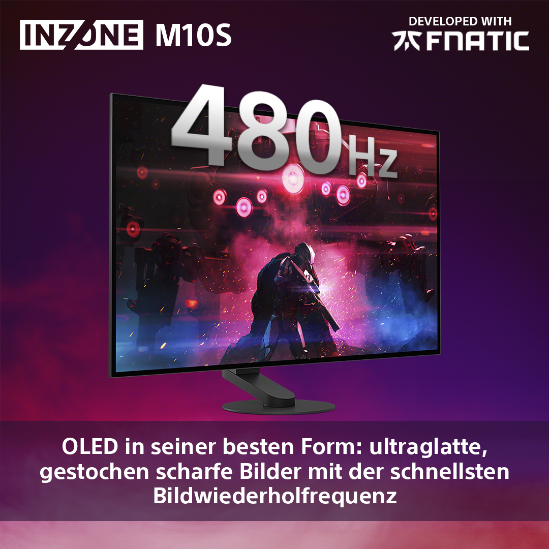 Ein Monitor zeigt eine futuristische Szene mit Textüberlagerung. Es steht OLED und 480Hz.