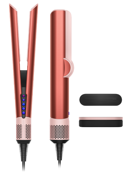 Haarglätter in Roségold. Zeigt Vorder-, Seiten- und Unteransicht. Schwarzes Kabel angeschlossen. Schwarzer Ständer enthalten.