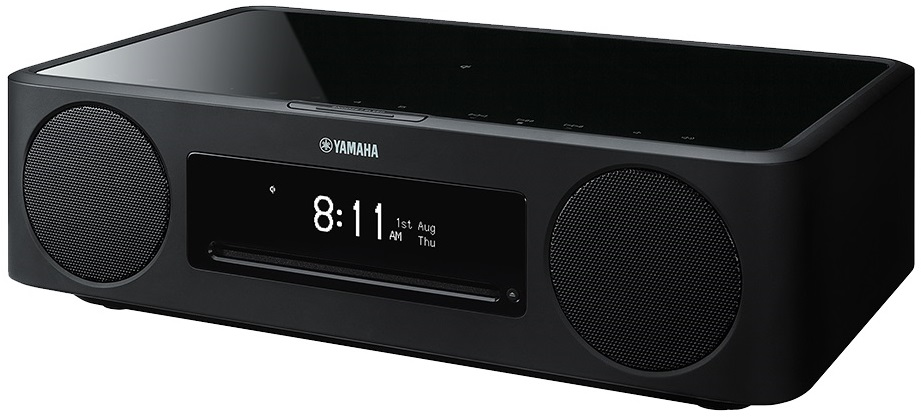 Czarny system dźwiękowy Yamaha z zegarem i odtwarzaczem CD, wyświetlający godzinę i datę.
