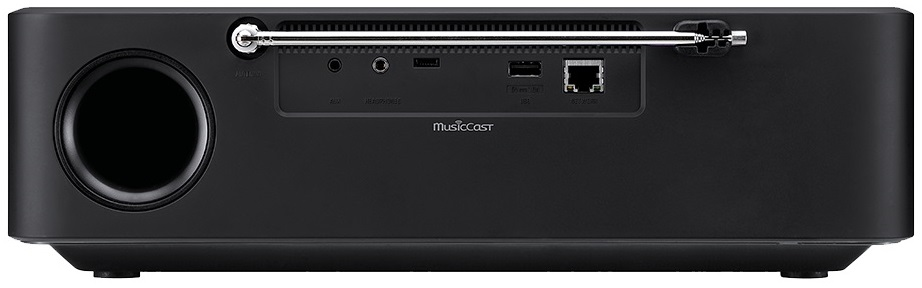 Czarne urządzenie audio z różnymi portami i anteną.