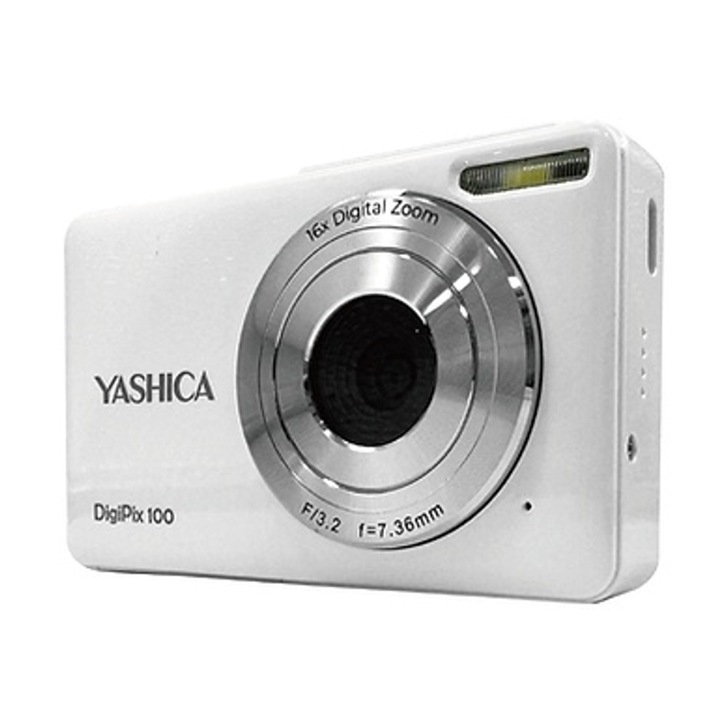 Fotocamera bianca Yashica DigiPix 100 con obiettivo, flash e obiettivo nero. Il testo "YASHICA" è visibile.