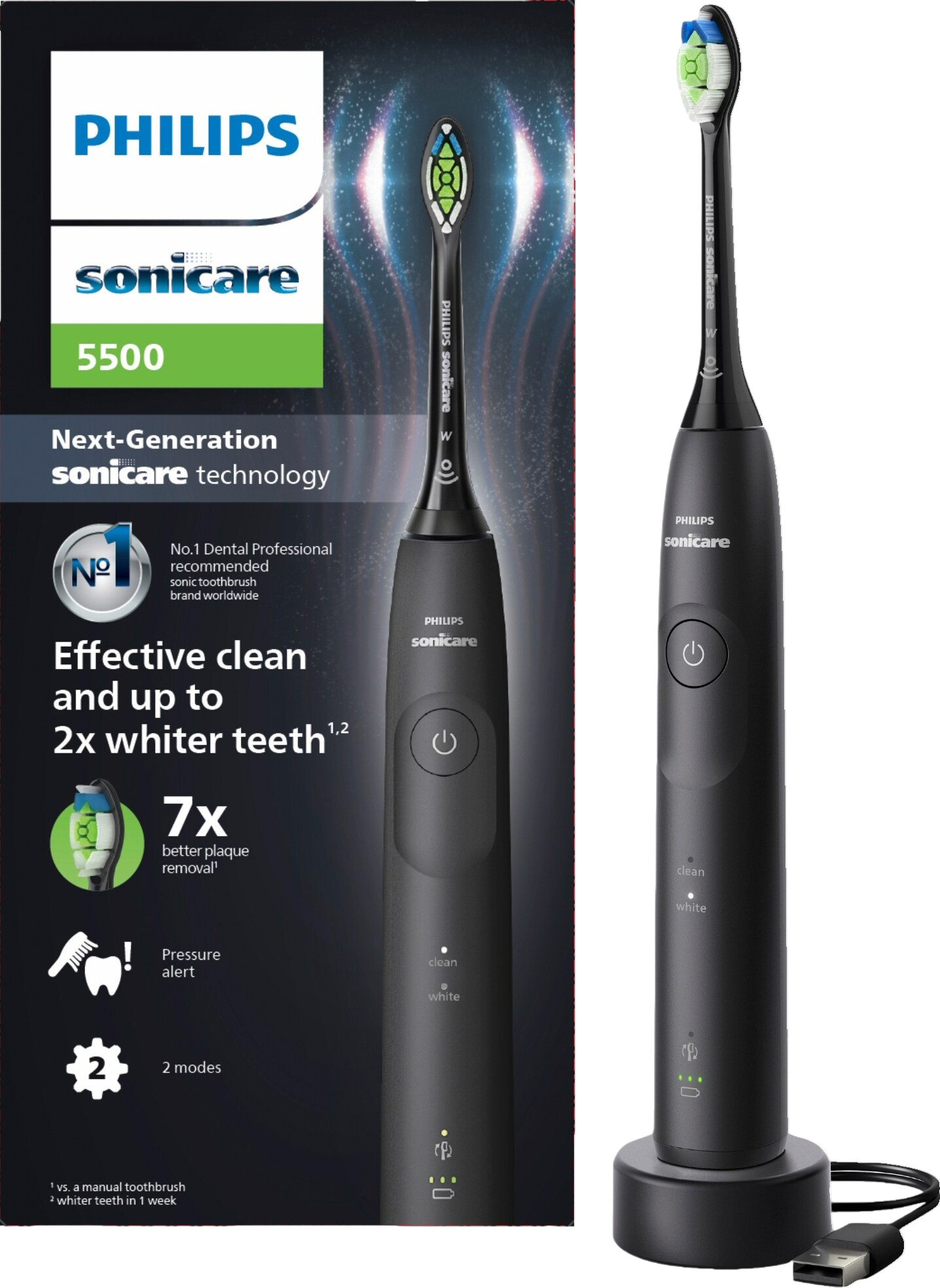 Schwarze Philips Sonicare 5500 elektrische Zahnbürste, Ladegerät und Box.