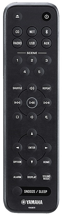 Czarny pilot Yamaha z wieloma przyciskami. Tło jest białe.
