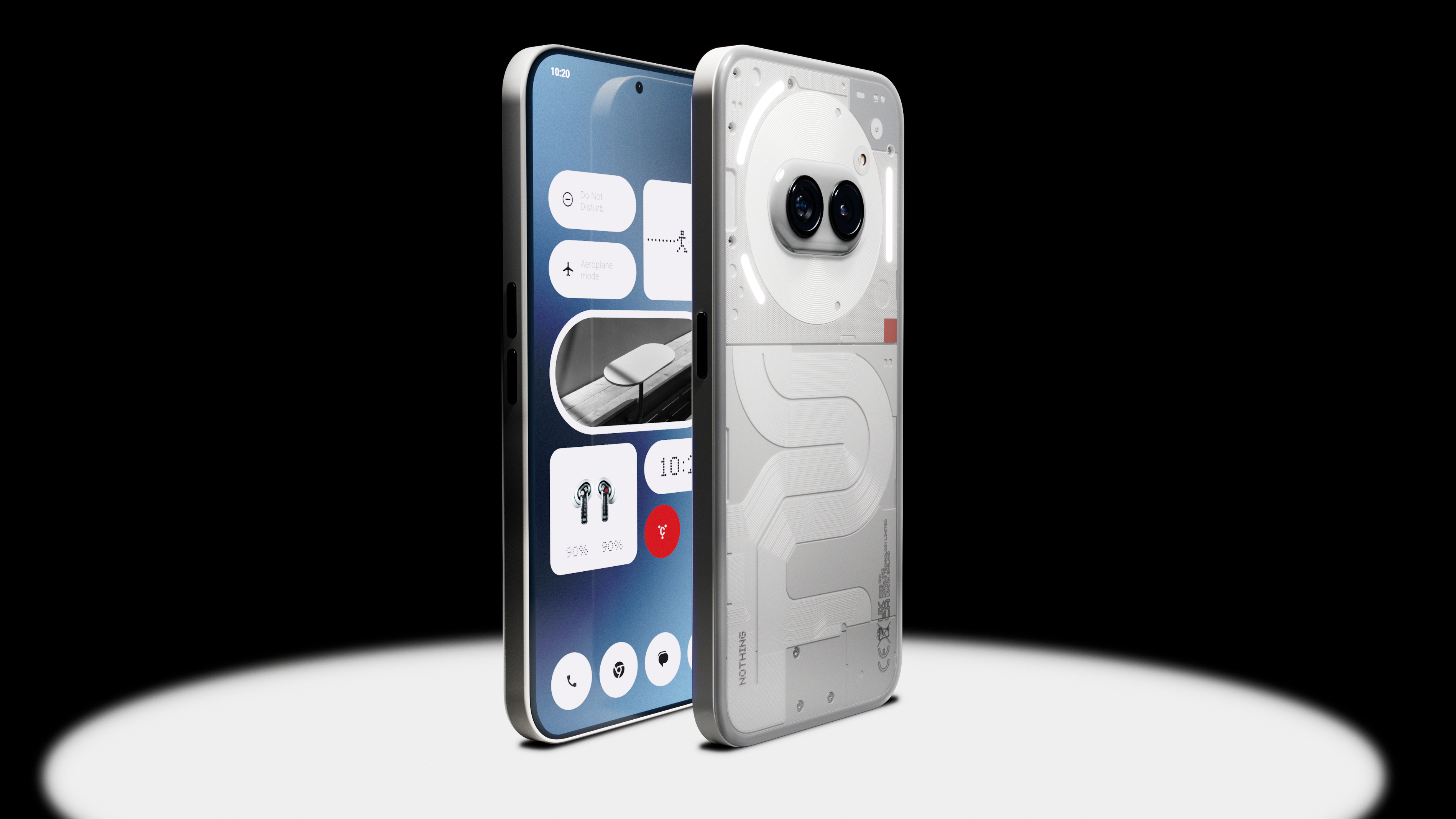 Ein Smartphone mit transparentem Rücken und zwei Kameras, neben einem Telefon, das seine Oberfläche zeigt.