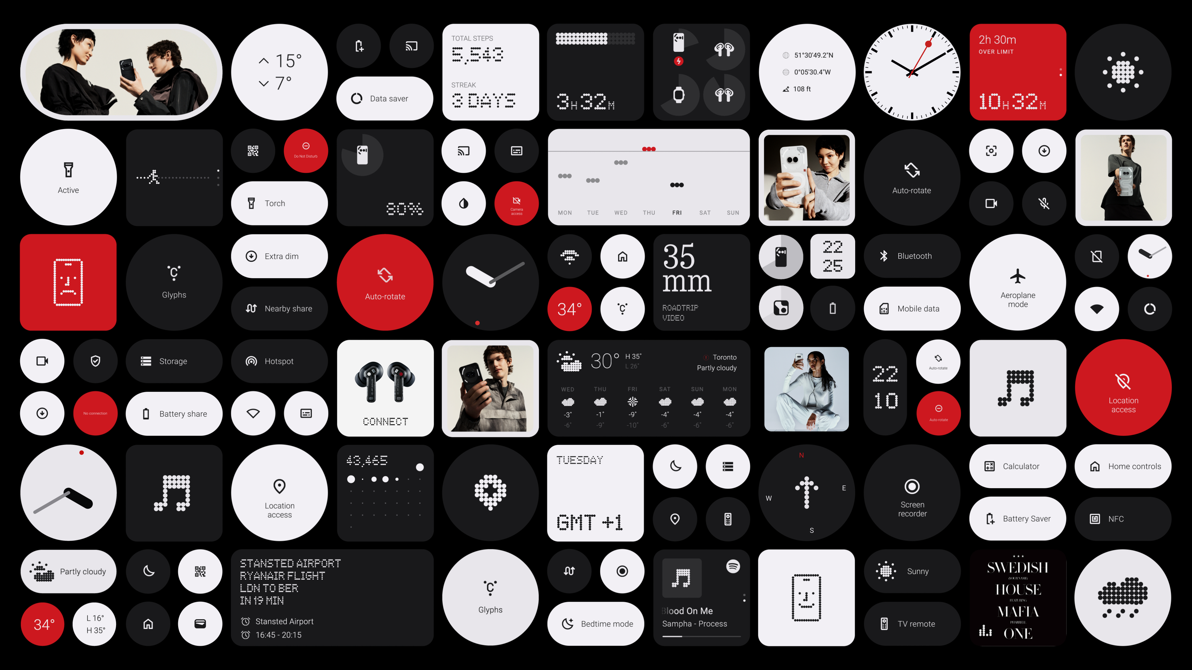 Sammlung digitaler Widgets auf schwarzem Hintergrund, mit verschiedenen App-Symbolen und Datenanzeigen.