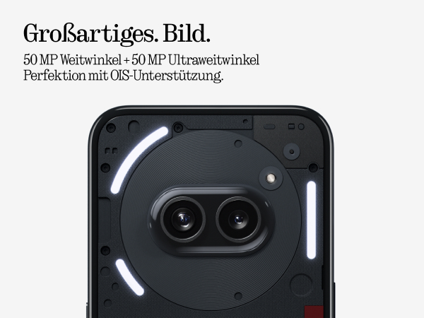 Schwarze Telefonrückseite, mit Dual-Kameras und weißen, leuchtenden Lichtern. Text auf Deutsch.