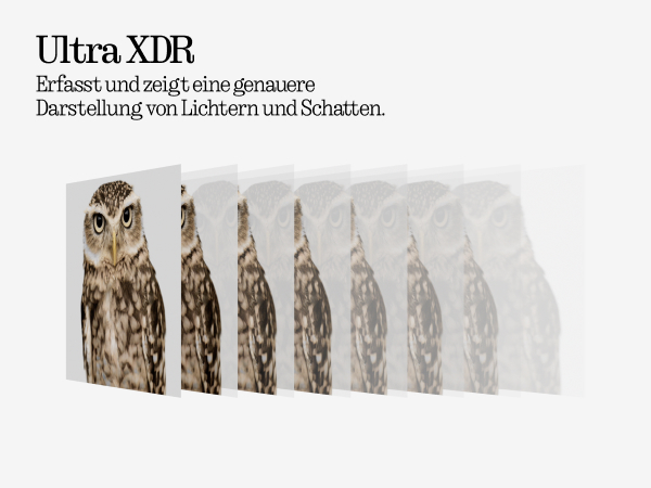 Eulenbild mit Mehrfachbelichtungen, das die Ultra XDR-Technologie veranschaulicht, mit deutschem Text.