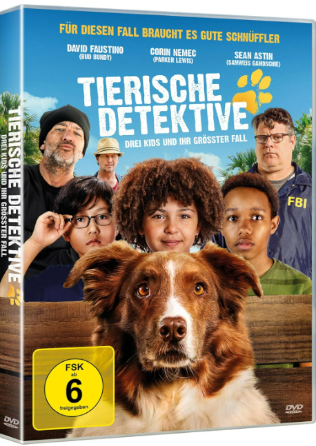 Film-DVD-Cover von 'Tierische Detektive' mit einem Hund und Kindern. Der Titel ist auf Deutsch.