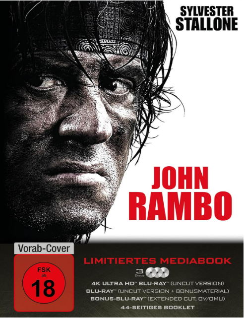 Filmposter für John Rambo mit Sylvester Stallones Gesicht. Rotes '18' und Blu-ray-Details.