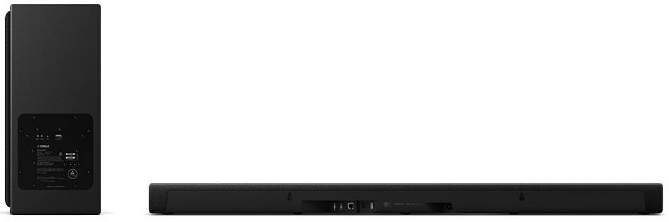 Czarny zestaw soundbar i subwoofer. Soundbar jest długi, a subwoofer stoi pionowo.