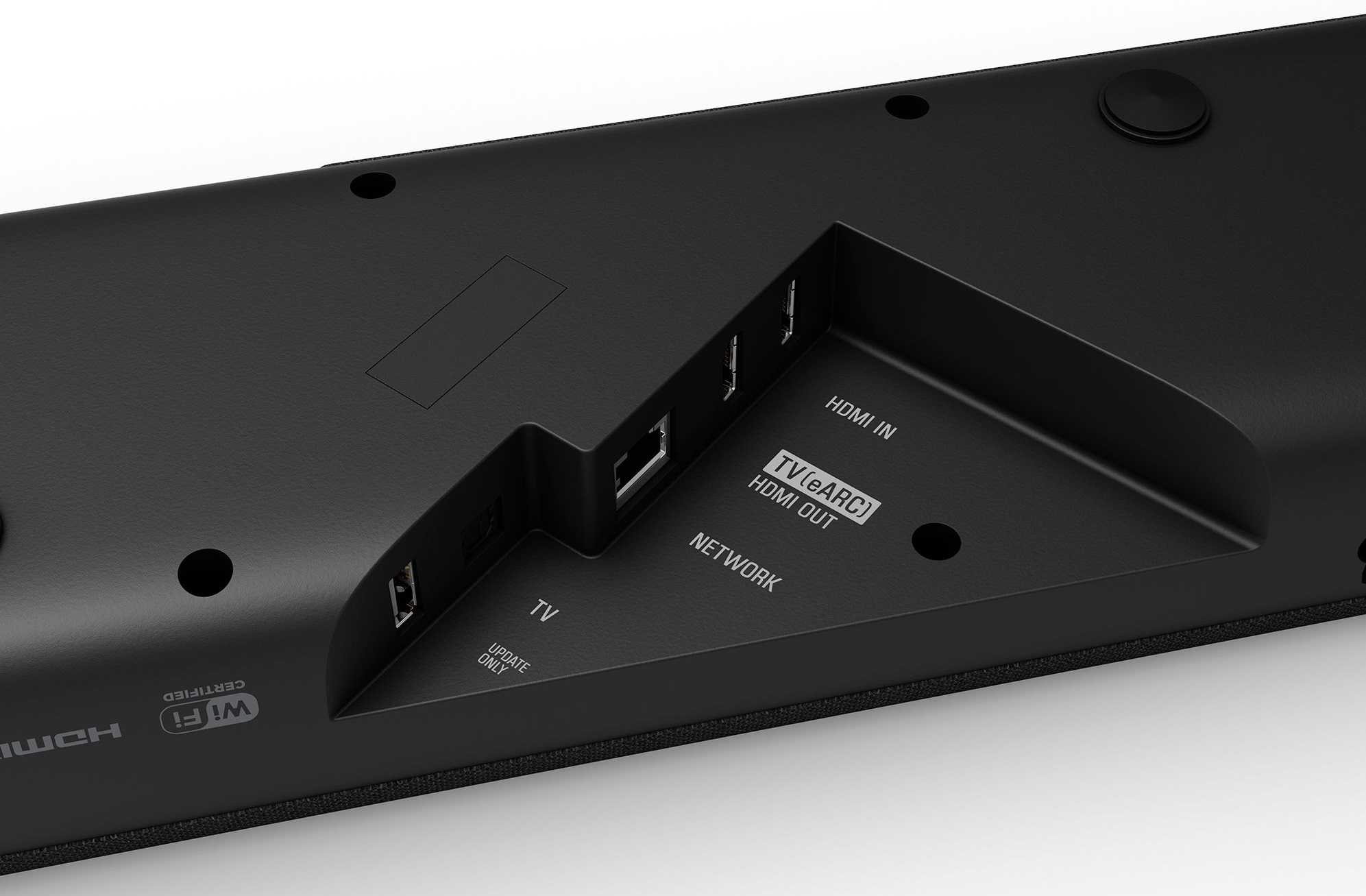 Tył czarnego soundbara z różnymi portami i etykietami.