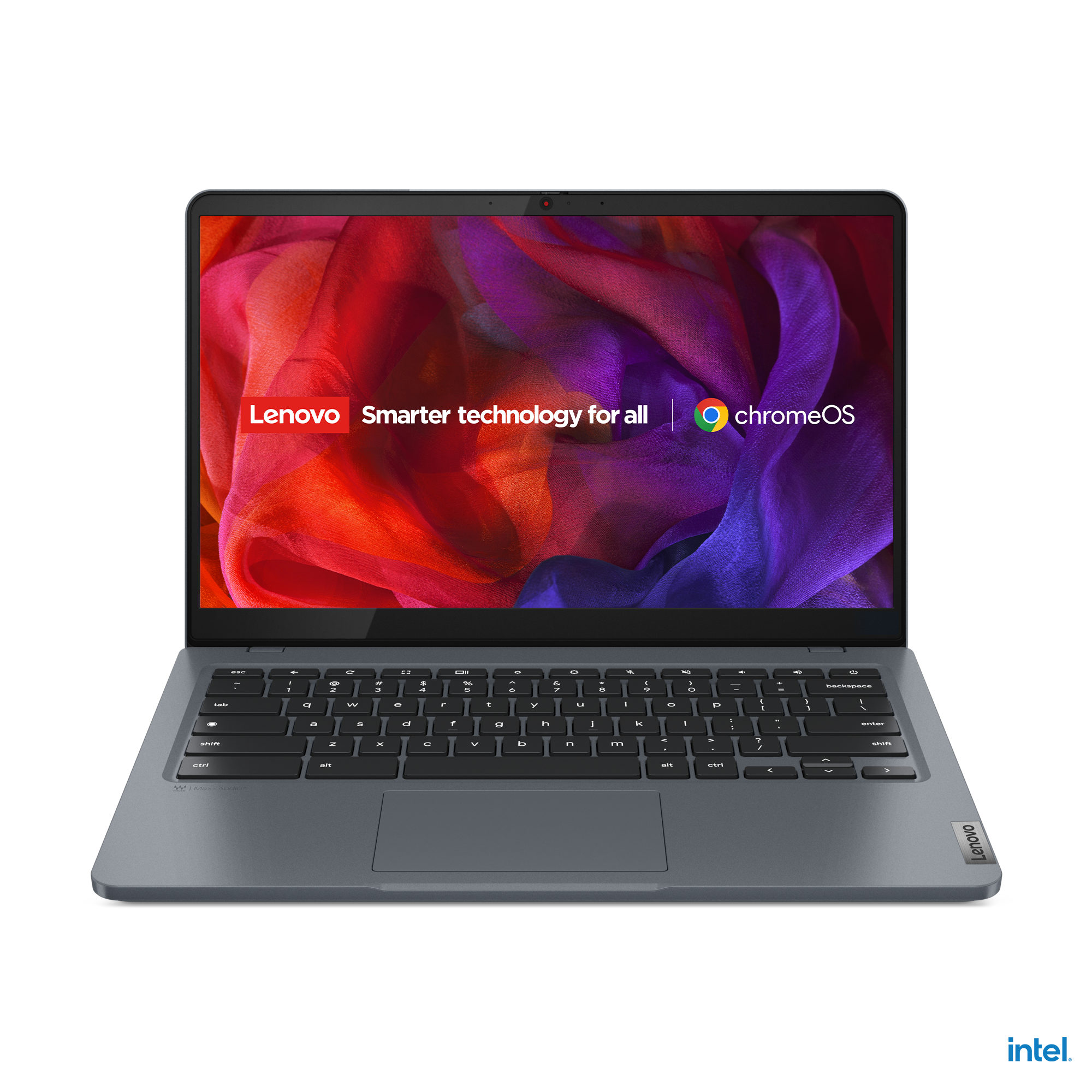 Una laptop Chromebook Lenovo gris con una pantalla colorida que muestra el logotipo de ChromeOS.