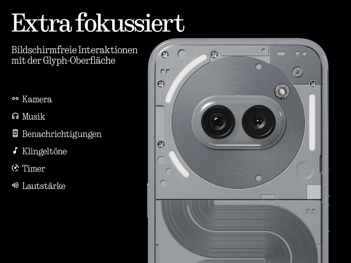Nahaufnahme der Rückseite eines Telefons. Dual-Kamera-Setup und Text über Glyph-Oberfläche.