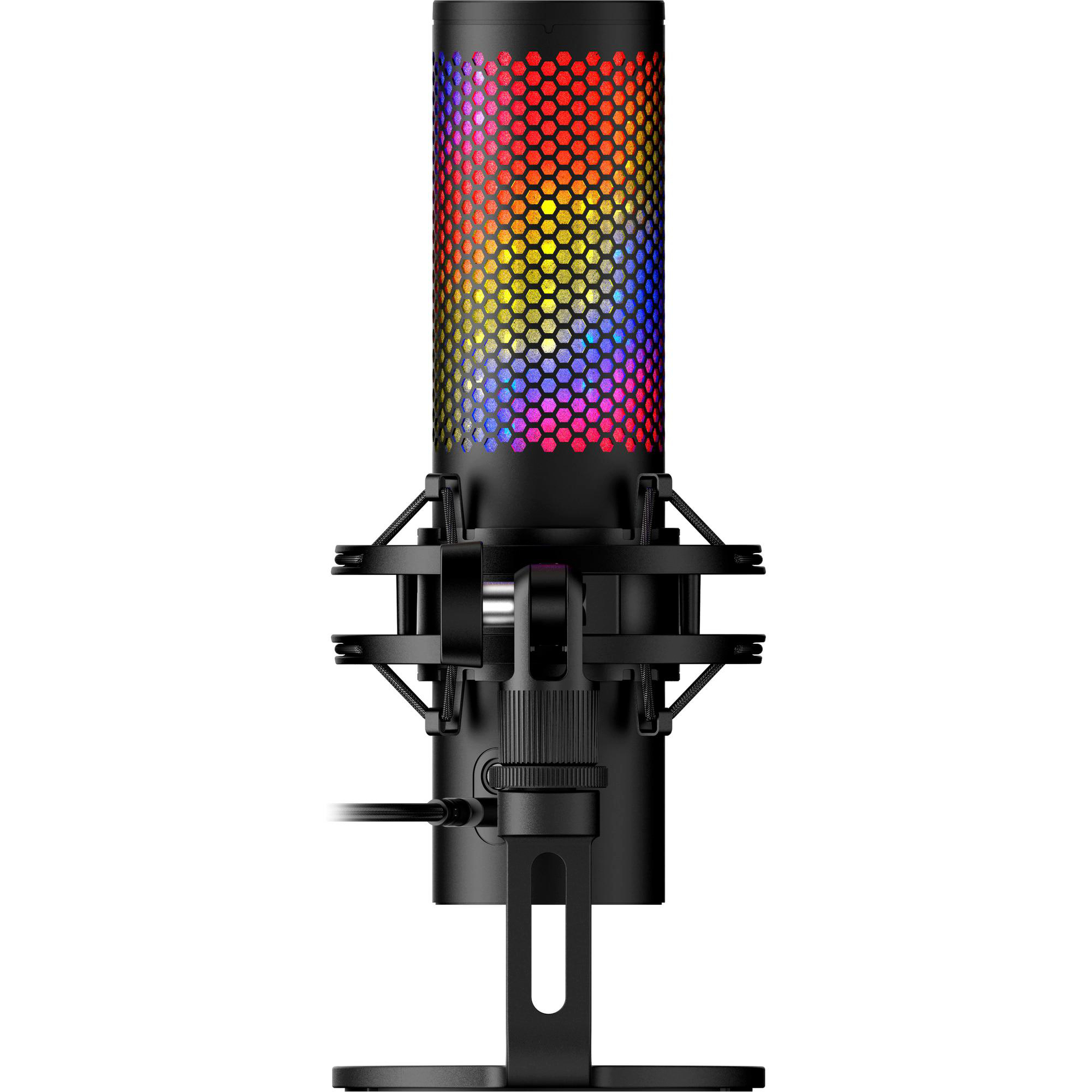 Schwarzes Mikrofon mit regenbogenfarbenem Wabennetz, auf schwarzem Ständer, vor weißem Hintergrund.
