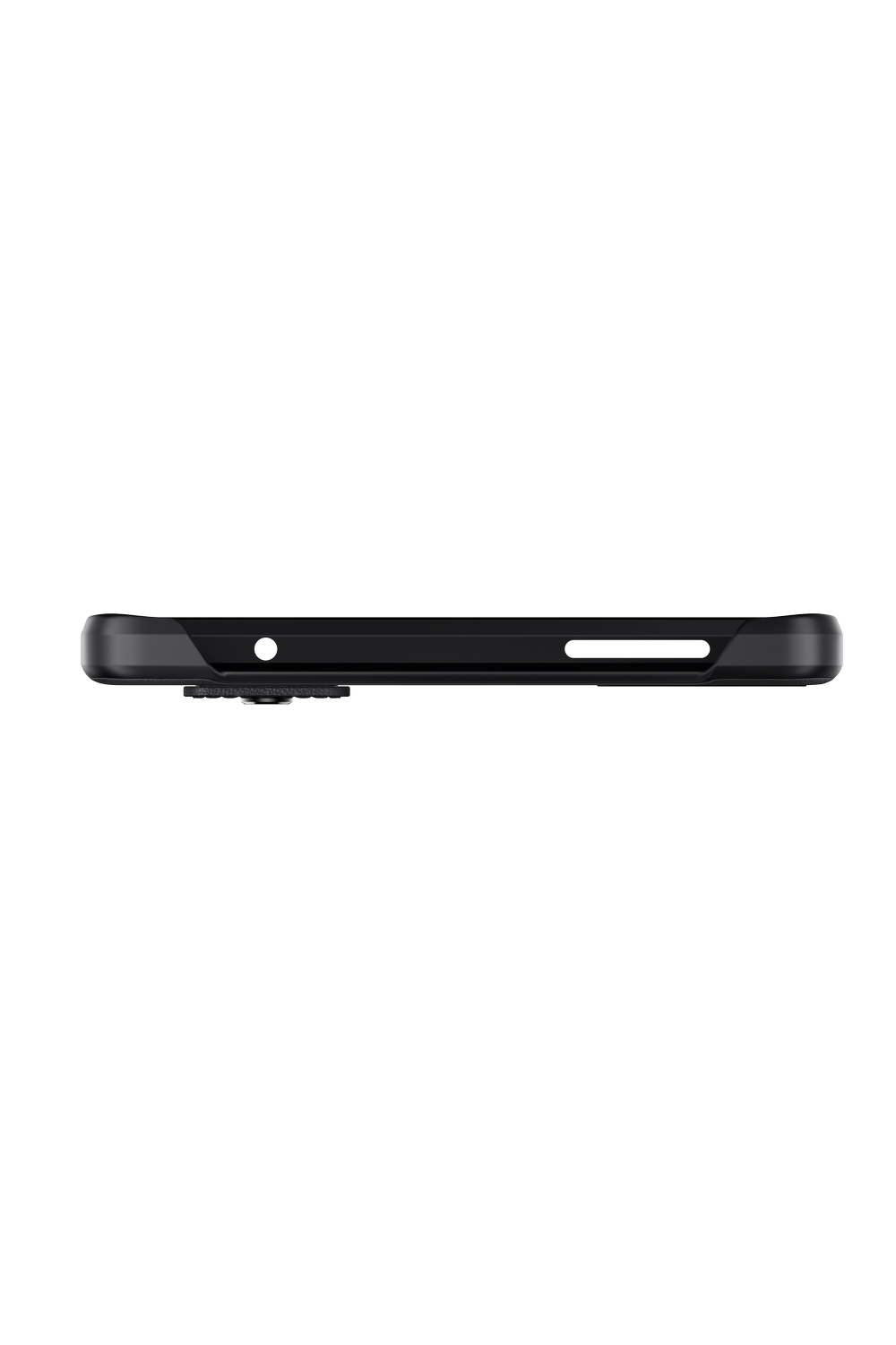 Un teléfono negro que muestra el borde inferior con un conector para auriculares y otros puertos.