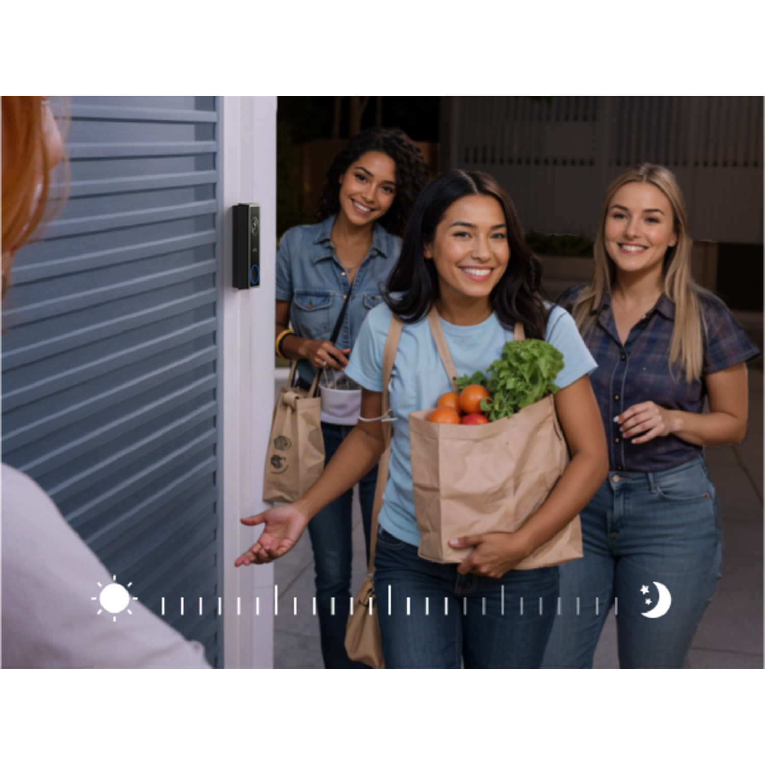 Three women at a door with groceries, one offering a welcoming gesture.