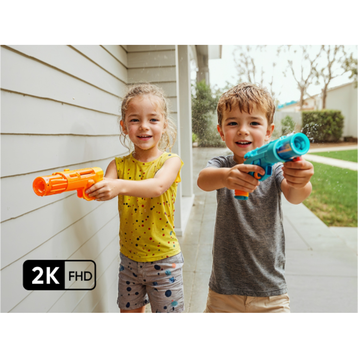 Two children smiling, aiming water guns. One orange, one blue. 2K FHD label.