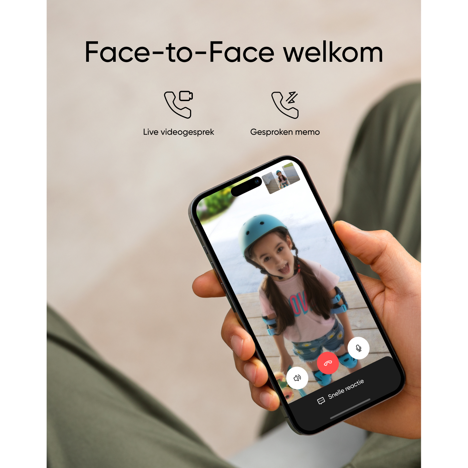 A person holding a phone displaying a video call with a girl on a bike helmet.